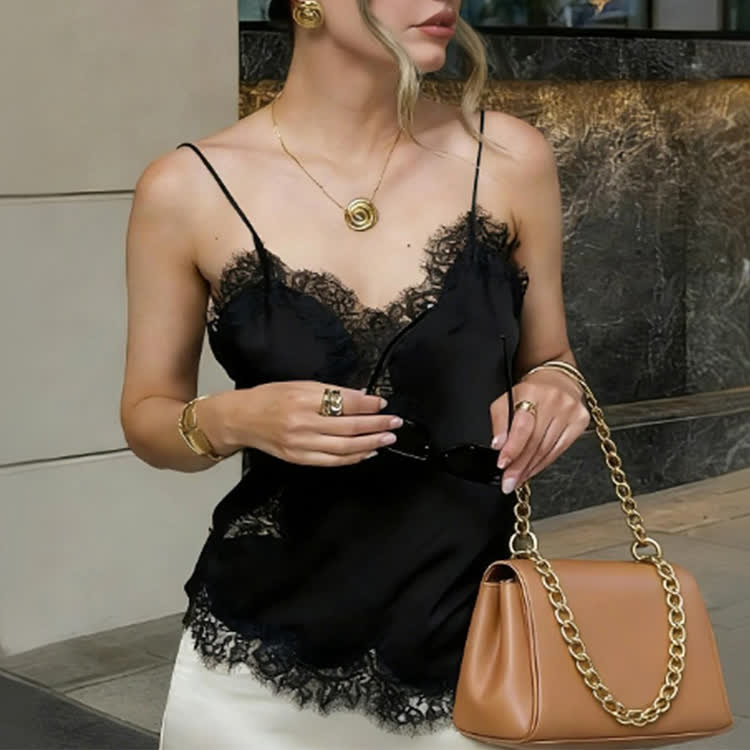 Spaghetti Strap Tank Top With Lace Spliced Irregular Hem - image 4
