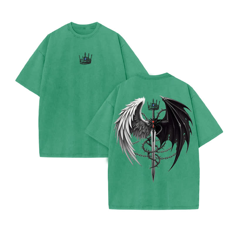 Unisex Angel And Devil Wings Design Print Acid Washed T-shirt - Green - US20-22(3XL) - image 7