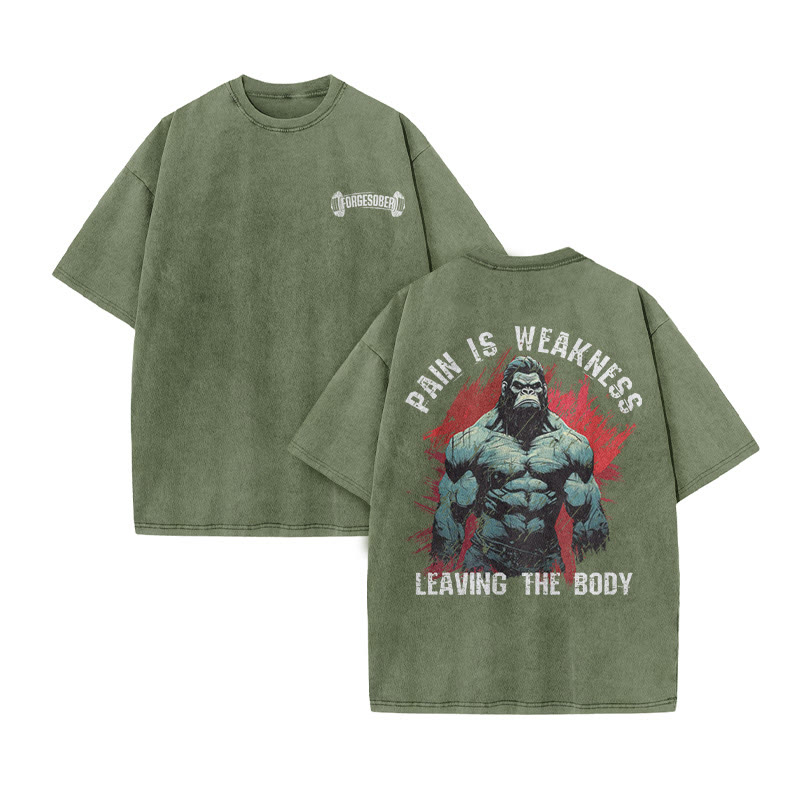 100% Cotton Pain Is  Weakness Leaving The Body Gym Print Acid Washed T-shirt - Army Green - US20-22(3XL) - image 8