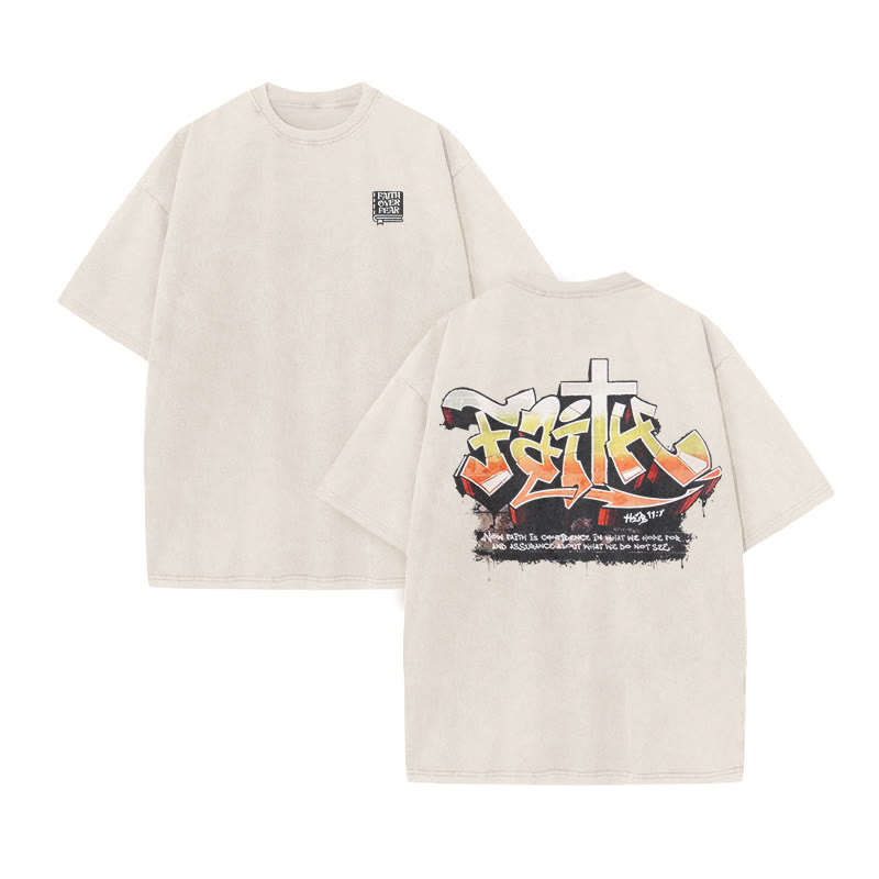 Unisex 100% Cotton Creative Faith Over Fear Print Acid Washed T-shirt - Beige - US20-22(3XL) - image 3