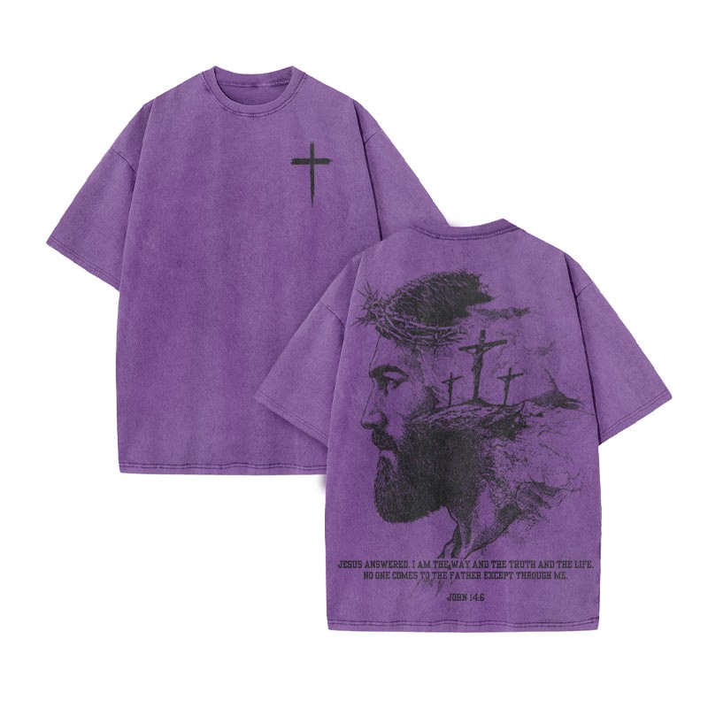 Jesus Answered, I Am The Way And The Truth And The Life Print Acid Washed T-shirt - Purple - US20-22(3XL) - image 10