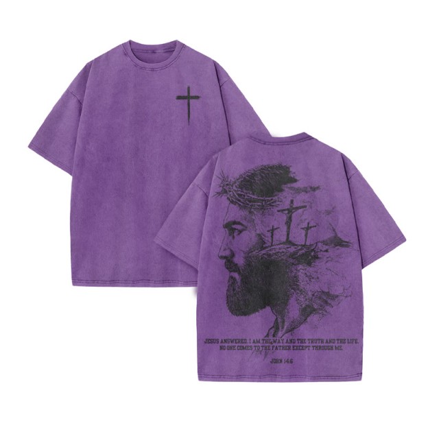 Jesus Answered, I Am The Way And The Truth And The Life Print Acid Washed T-shirt - Purple - US20-22(3XL) - image 10