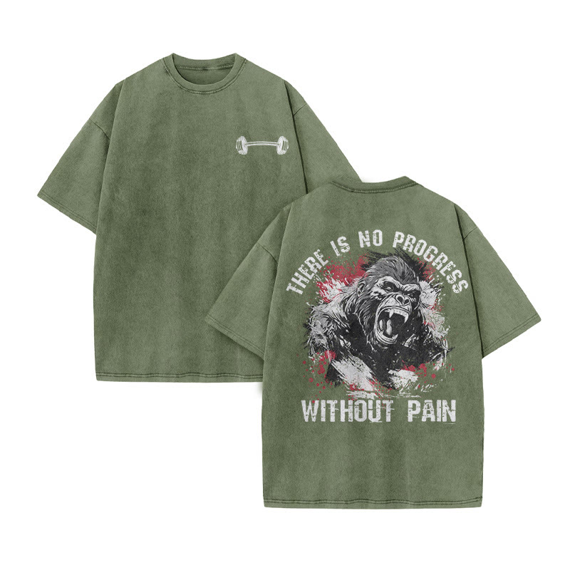100% Cotton There's No Progress Without Pain Gym Print Acid Washed T-shirt - Army Green - US20-22(3XL) - image 6