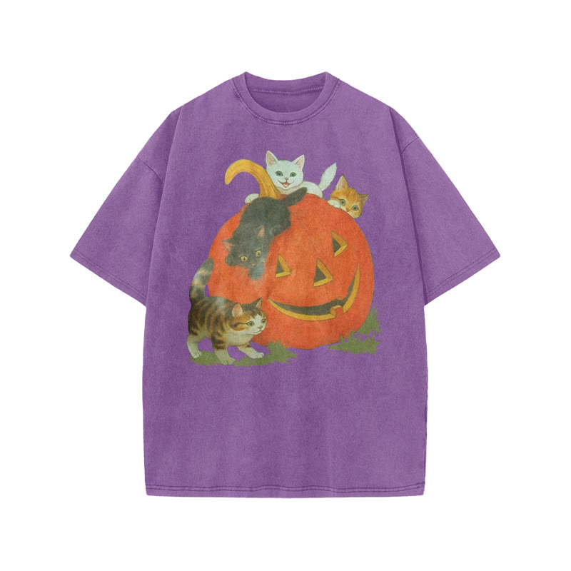 Unisex 100% Cotton Cats Playing On Pumpkins Halloween Print Acid Washed T-shirt - Purple - US20-22(3XL) - image 8