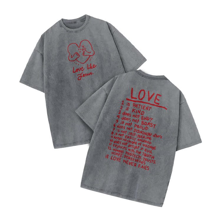 Love Like Jesus Print Acid Washed T-shirt - Grey - US20-22(3XL) - image 4