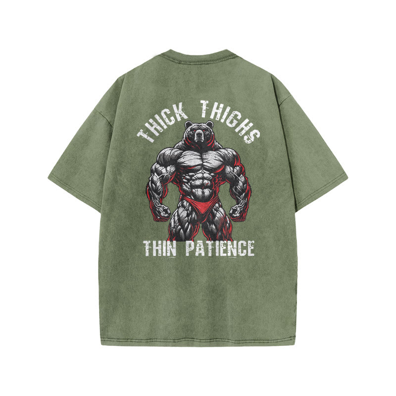 100% Cotton Thick Thighs Thin Patience Gym Print Acid Washed T-shirt - Army Green - US20-22(3XL) - image 8