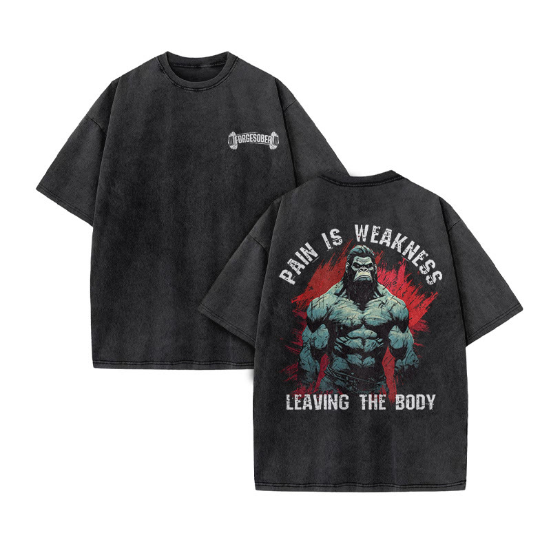 100% Cotton Pain Is  Weakness Leaving The Body Gym Print Acid Washed T-shirt - image 5
