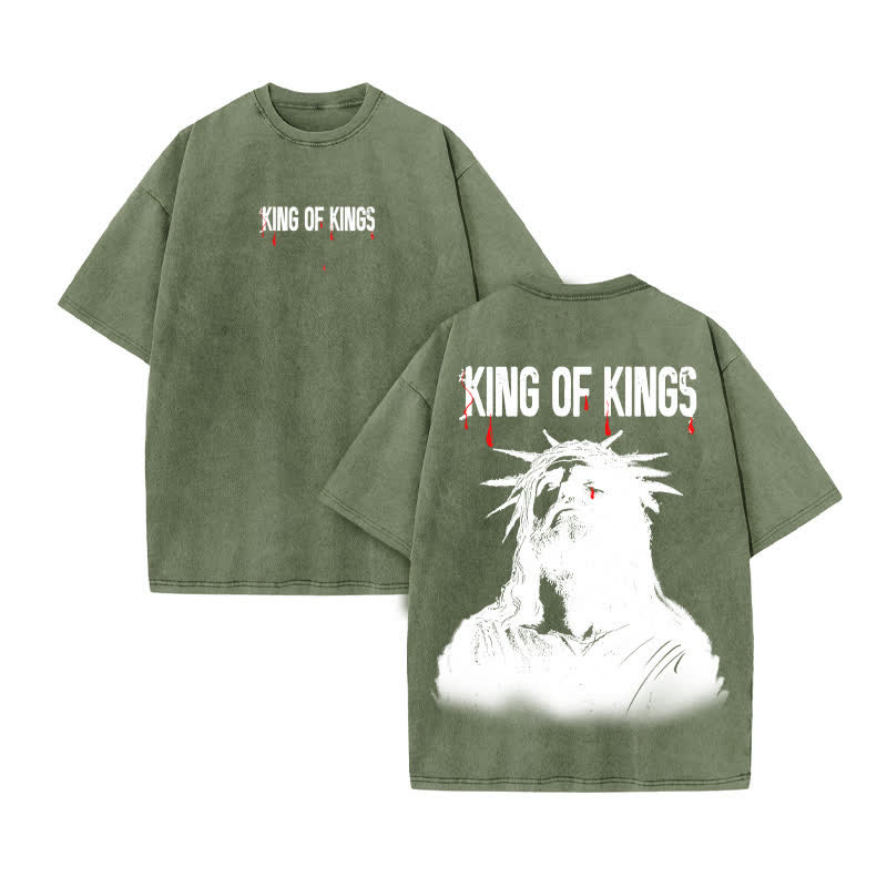 Unisex 100% Cotton JESUS IS KING Gtears Of God Print Acid Washed T-shirt - Army Green - US20-22(3XL) - image 6