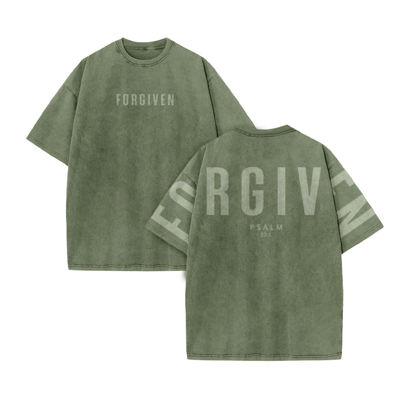 Unisex Forgiven Psalm 32:1 Print Acid Washed T-shirt - Army Green - US20-22(3XL) - image 9