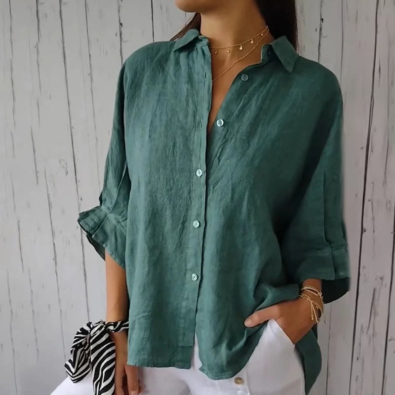 Casual Loose Three-quarter Sleeve Lapel Shirt - Lake Blue - 5XL - image 3