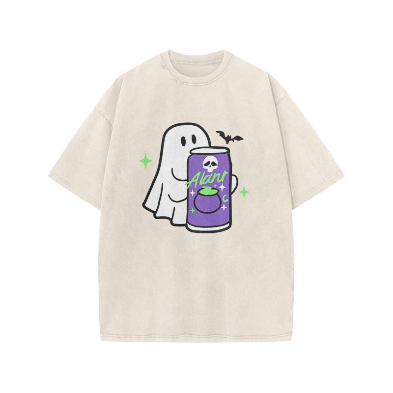 Unisex 100% Cotton Cute Ghost Print Acid Washed T-shirt - Beige - US20-22(3XL) - image 3