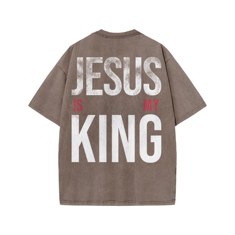 Jesus Is My King Distressed Print Acid Washed T-shirt - Coffee - US20-22(3XL) - image 4