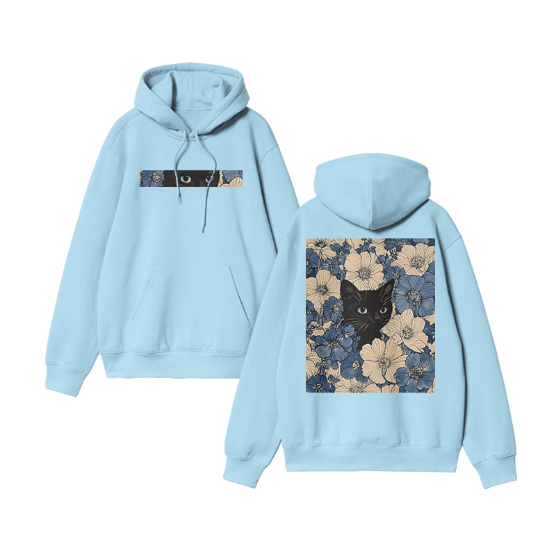 Black Cat In A Patchwork Flower Field Print Hoodie - Blue - US16-18(2XL) - image 8