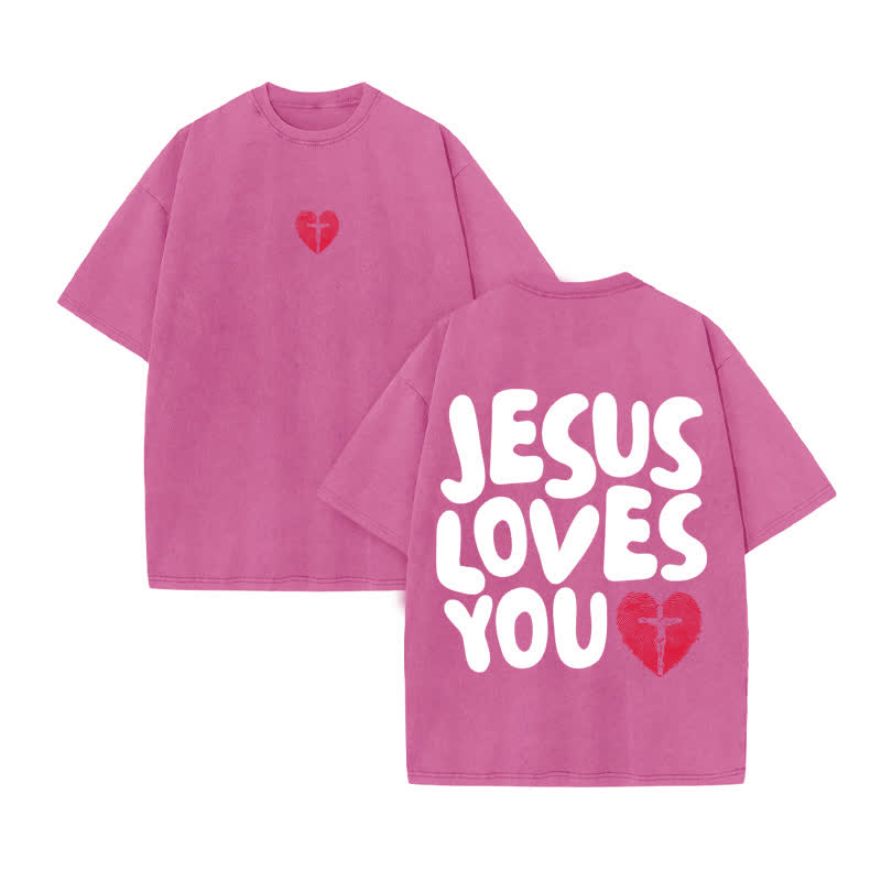Unisex 100% Cotton JESUS LOVES YOU Love Fingerprint Print Acid Washed T-shirt - Pink - US20-22(3XL) - image 8