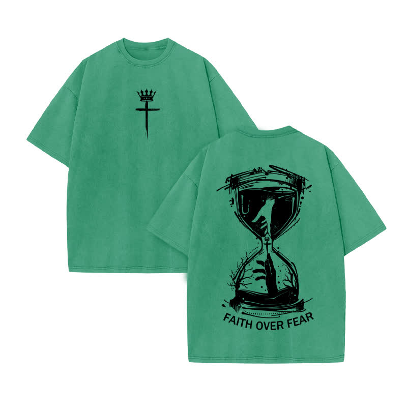 Unisex 100% Cotton Faith Hourglass Print Acid Washed T-shirt - Green - US20-22(3XL) - image 7