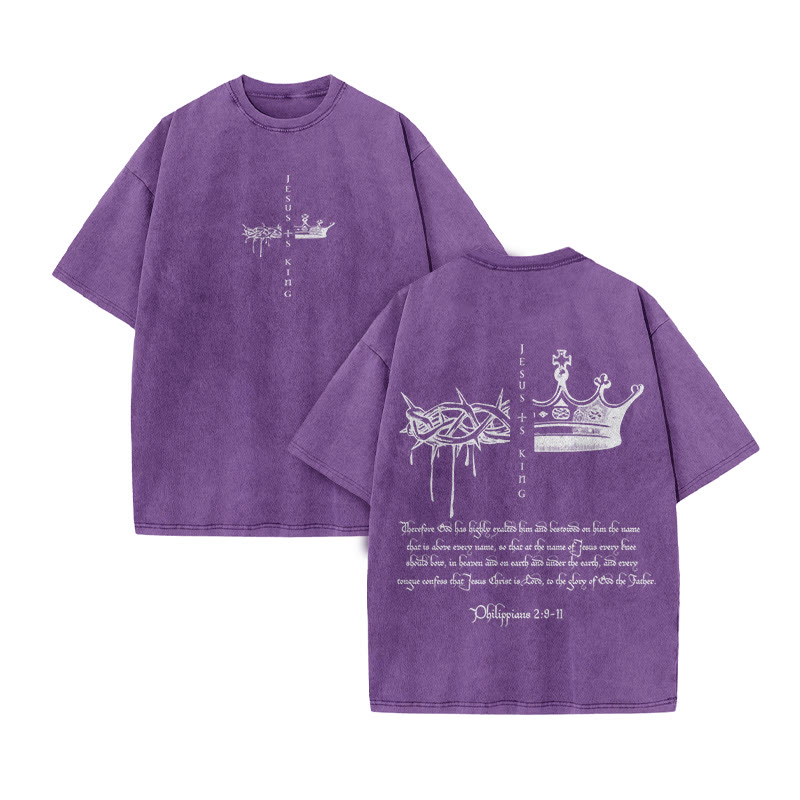 Unisex 100% Cotton JESUS IS KING Print Acid Washed T-shirt - Purple - US20-22(3XL) - image 7