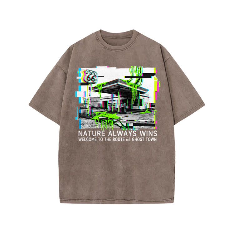Vintage Route 66 Ghost Town Graphic Print Acid Washed T-shirt - Coffee - US20-22(3XL) - image 3