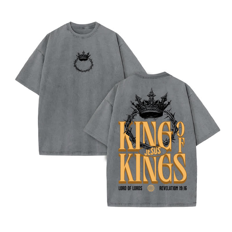 Unisex 100% Cotton JESUS IS KING OF KINGS Print Acid Washed T-shirt - Grey - US20-22(3XL) - image 5