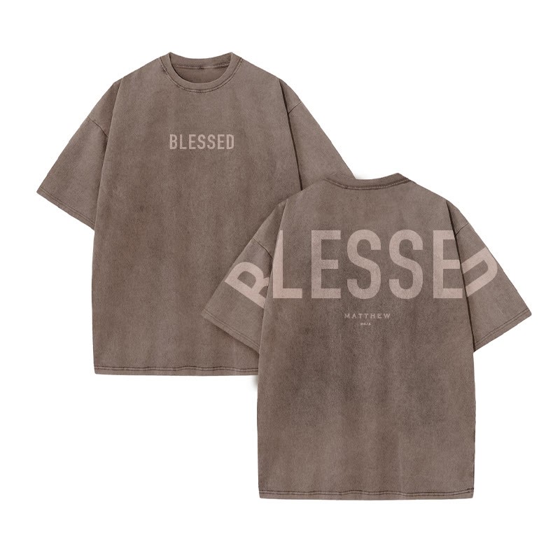 Blessed Matthew 5:3-12 Print Acid Washed T-shirt - Coffee - US20-22(3XL) - image 4