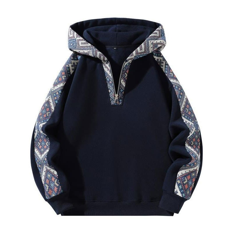 Retro Ethnic Patchwork Half Zip Hoodie - Navy Blue - US32-34(5XL) - image 3