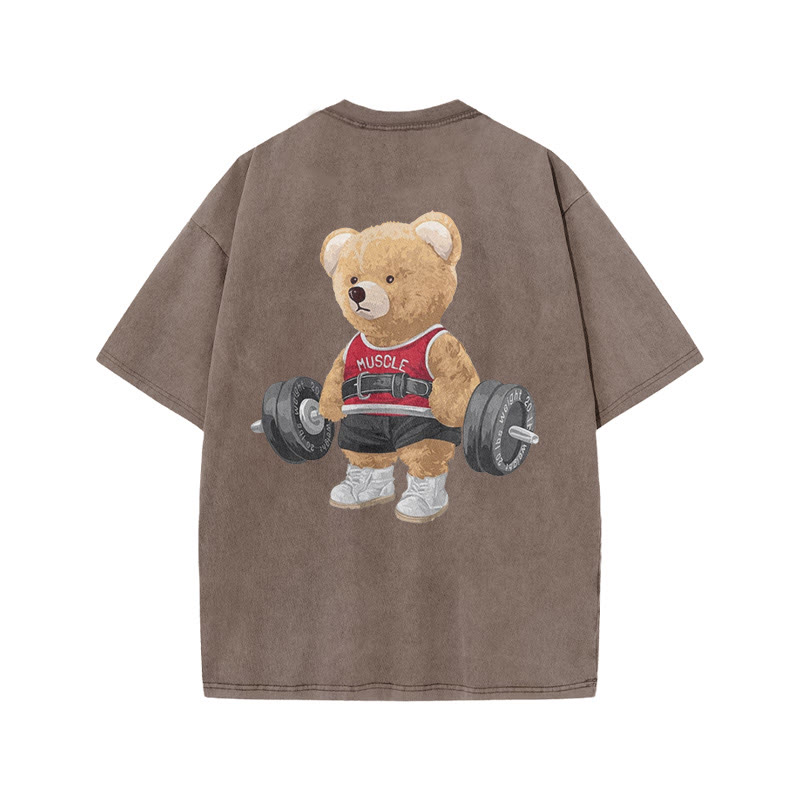100% Cotton Lifting Bear Gym Print Acid Washed T-shirt - Coffee - US20-22(3XL) - image 6