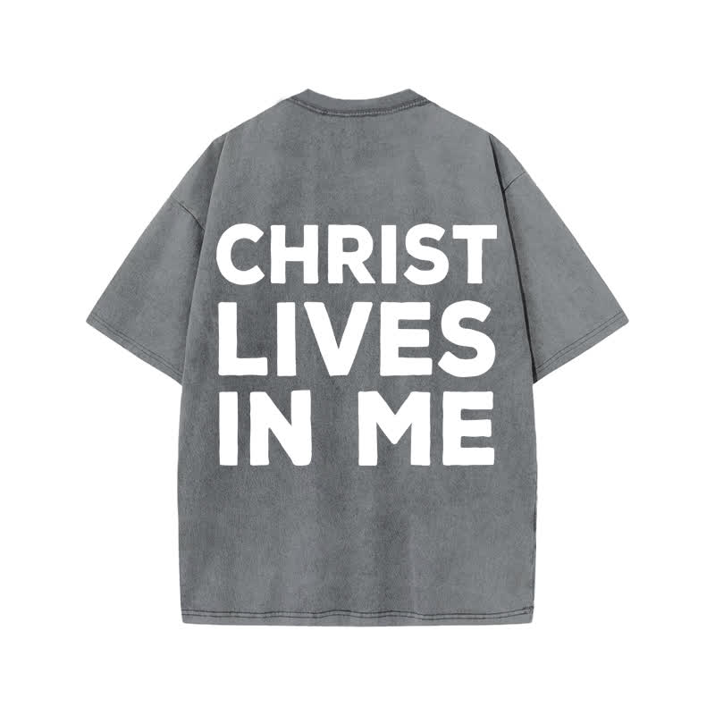 Unisex  Christ Lives In Me Print Acid Washed T-shirt - Grey - US20-22(3XL) - image 4