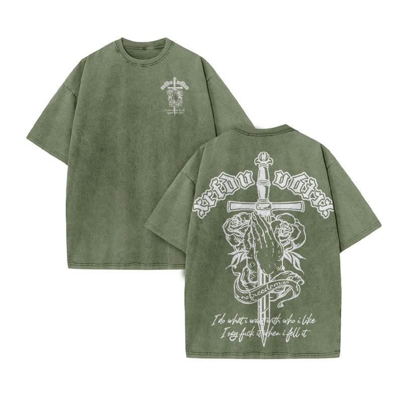 Unisex 100% Cotton Praying Hands Rose Print Acid Washed T-shirt - Army Green - US20-22(3XL) - image 7