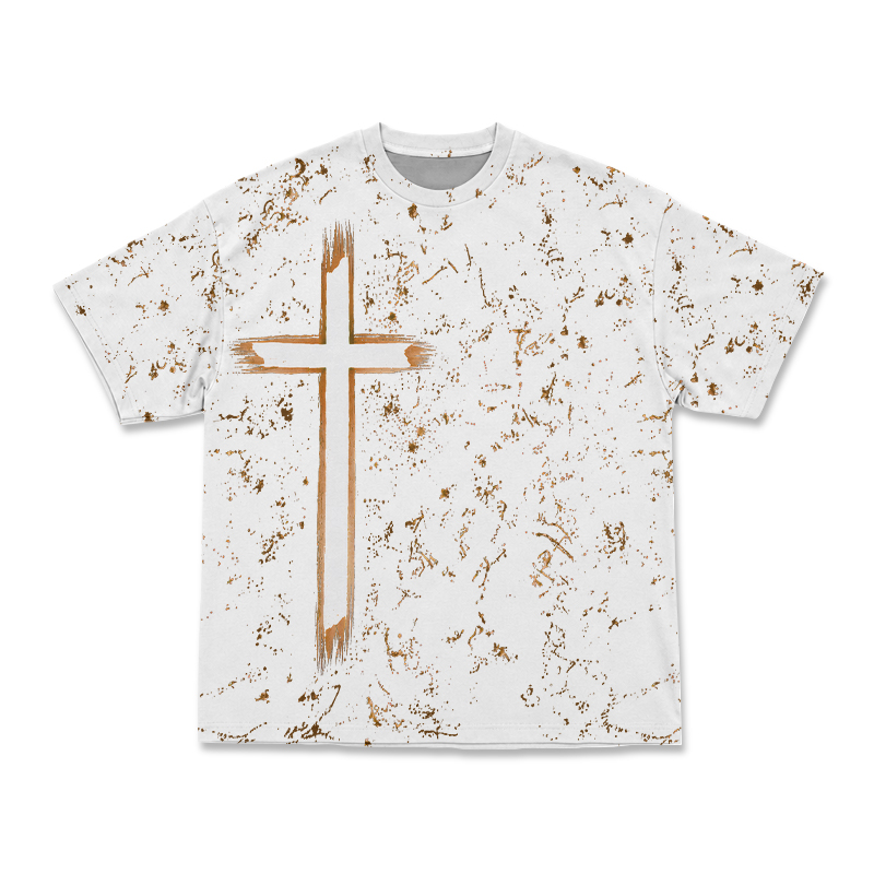 Dark Aesthetic Paint Splash Cross Round Neck Print T-Shirt - White - 3XL - image 3