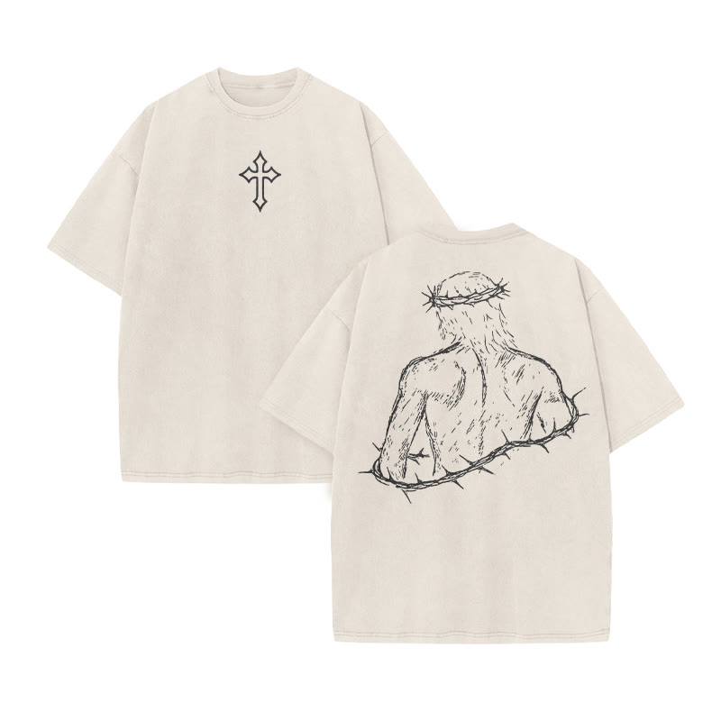 Unisex Not Forsaken Cross Print Acid Washed T-shirt - Beige - US20-22(3XL) - image 3