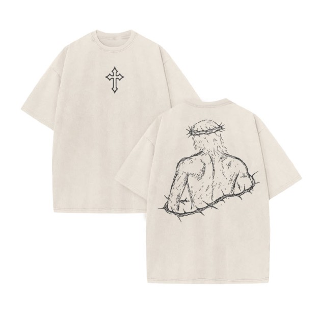 Unisex Not Forsaken Cross Print Acid Washed T-shirt - Beige - US20-22(3XL) - image 3