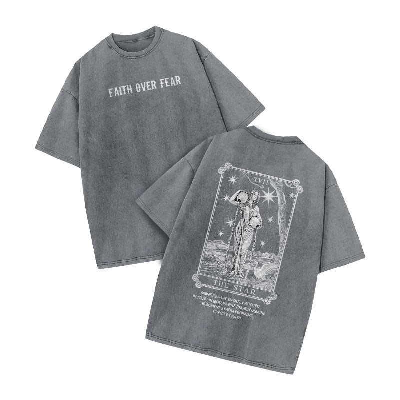 Tarot The Star Faith Over Fear Print Acid Washed T-shirt - Grey - US20-22(3XL) - image 4