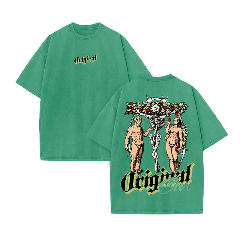 Unisex 100% Cotton Original Sin Print Acid Washed T-shirt - Green - US20-22(3XL) - image 7