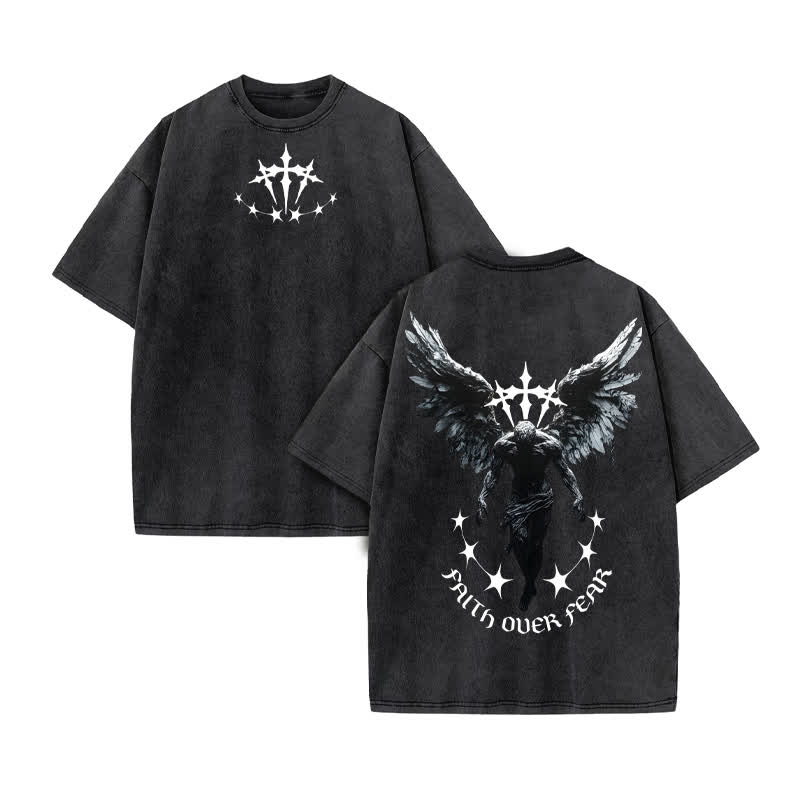 Unisex 100% Cotton FAITH OVER FEAR Print Acid Washed T-shirt - Black - US20-22(3XL) - image 3