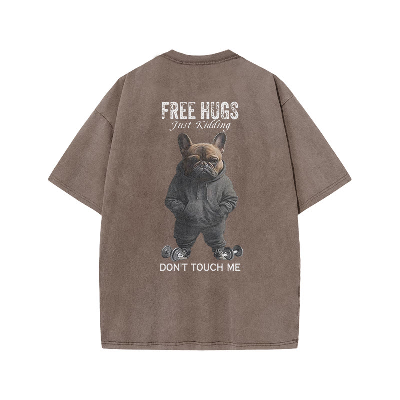 100% Cotton FREE HUGS Gym Print Acid Washed T-shirt - Coffee - US20-22(3XL) - image 5