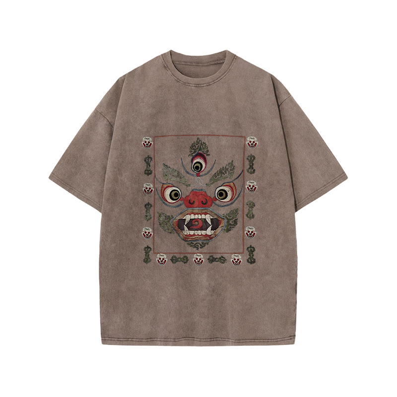Unisex 100% Cotton Tibetan Mahakala Japan Art Print Acid Washed T-shirt