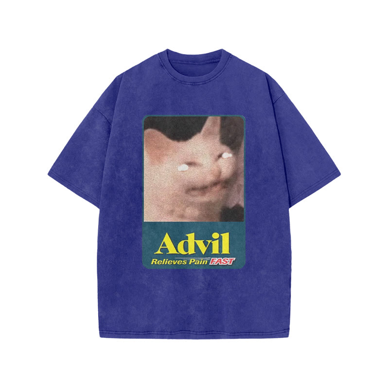 Relieves Pain Fast Crying Cat Funny Print Acid Washed T-shirt - Blue - US20-22(3XL) - image 6