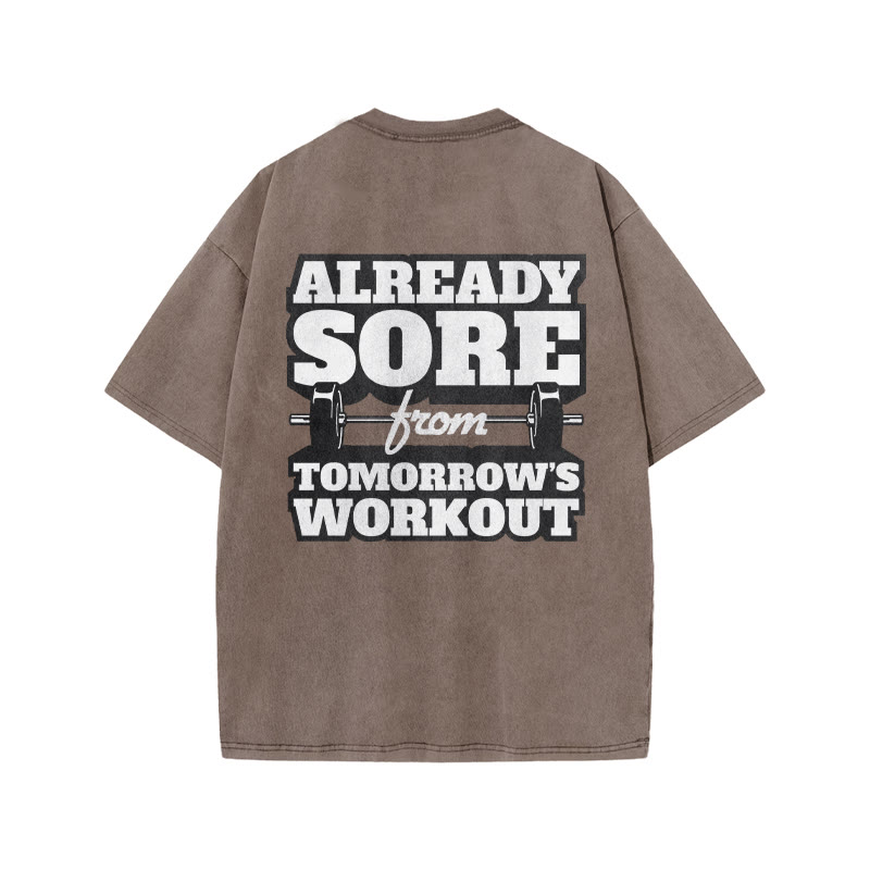 100% Cotton ALREADY SORE Gym Print Acid Washed T-shirt - Coffee - US20-22(3XL) - image 5