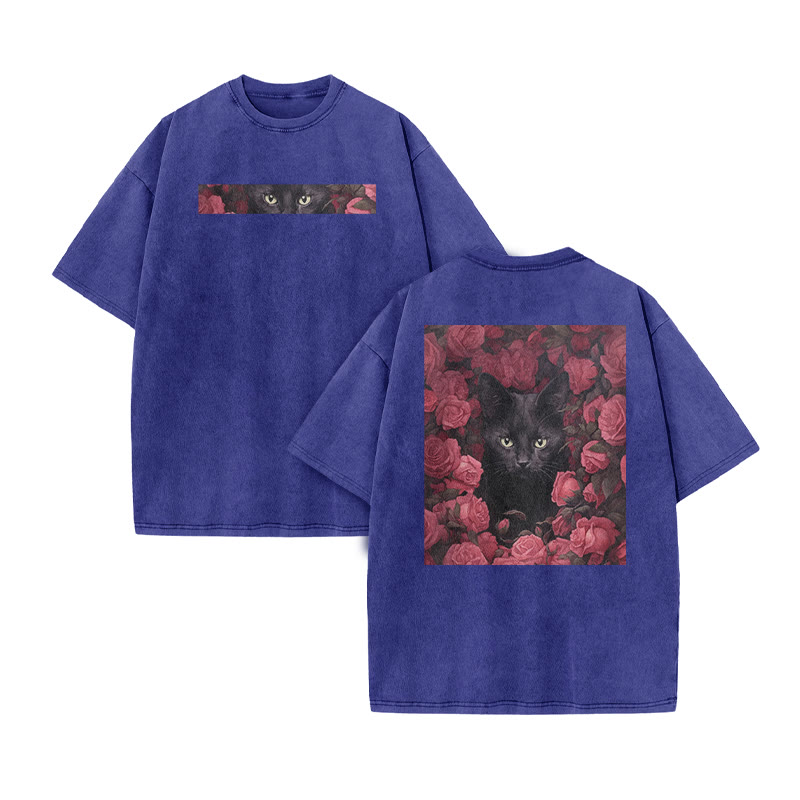 A Black Cat Hidden Among Clusters Of Magenta Roses Print Acid Washed T-shirt - Blue - US20-22(3XL) - image 6