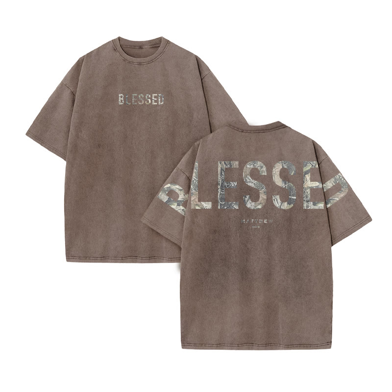 Blessed Matthew 5:3-12 Dead Leaves Camouflage Print Acid Washed T-shirt - Coffee - US20-22(3XL) - image 4