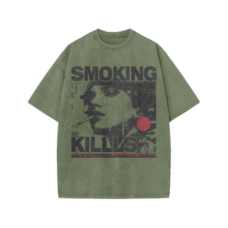 Street Rebel Smoking Kills Collage Graphic Print Acid Washed T-Shirt - Army Green - US20-22(3XL) - image 6