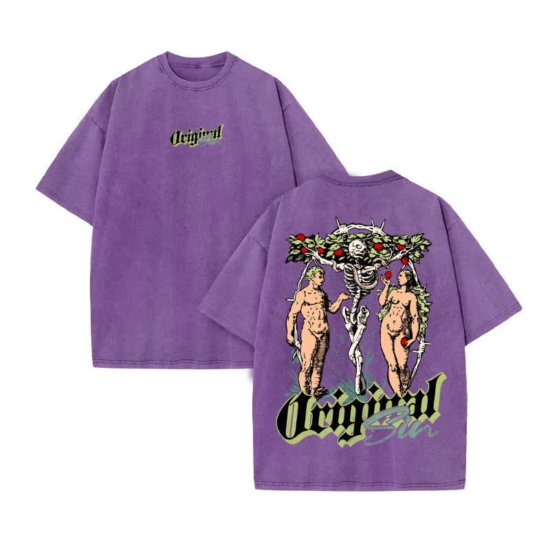 Unisex 100% Cotton Original Sin Print Acid Washed T-shirt - Purple - US20-22(3XL) - image 9