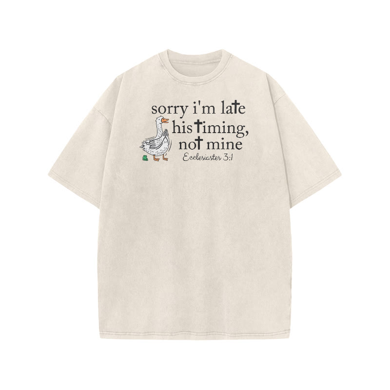 Unisex Sorry I'm Late, His Timing, Not Mine Ecclesiastes 3:1 Print Acid Washed T-shirt - Beige - US20-22(3XL) - image 3