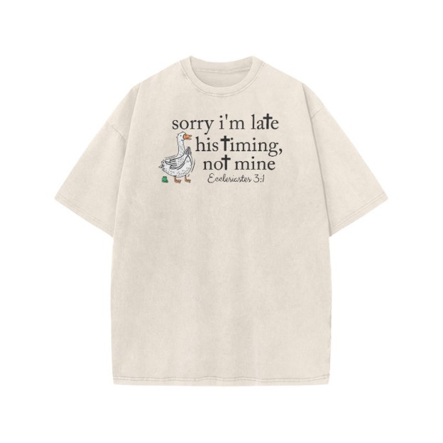 Unisex Sorry I'm Late, His Timing, Not Mine Ecclesiastes 3:1 Print Acid Washed T-shirt - Beige - US20-22(3XL) - image 3