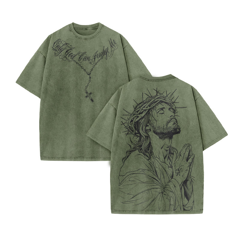 Unisex 100% Cotton Only God Can Judge Me Print Acid Washed T-shirt - Army Green - US20-22(3XL) - image 6