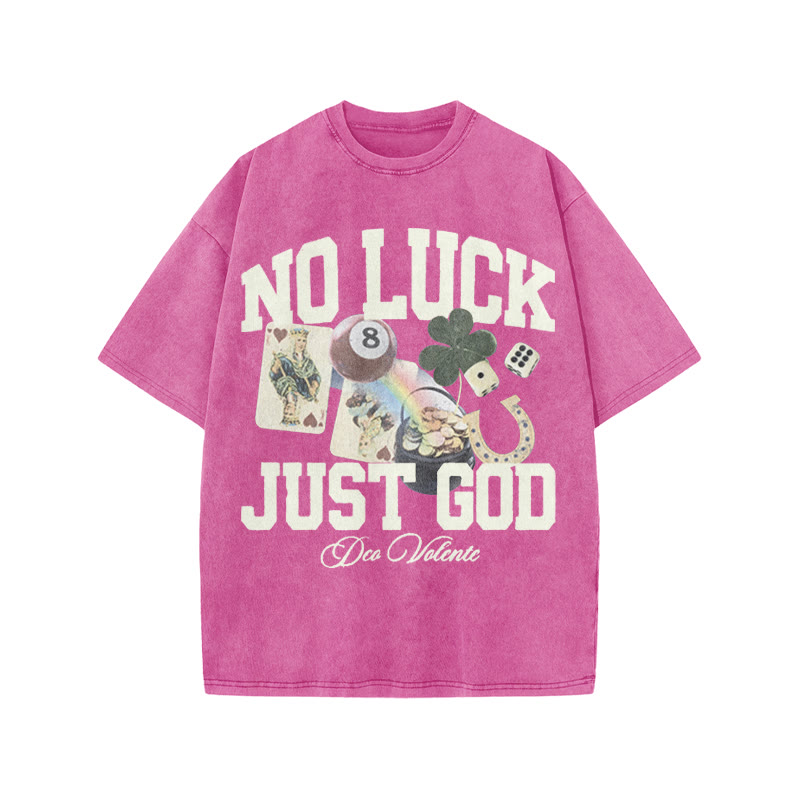 No Luck Just God Print Acid Washed T-shirt - Pink - US20-22(3XL) - image 8