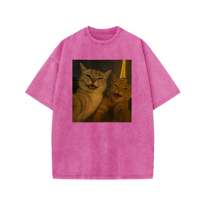 Unisex 100% Cotton Selfie Cat Print Acid Washed T-shirt - Pink - US20-22(3XL) - image 7