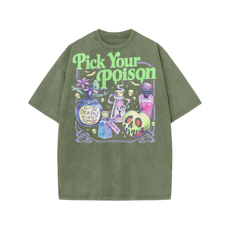 Dark Aesthetic Pick Your Poison Acid Washed Graphic T-Shirt - Army Green - US20-22(3XL) - image 5