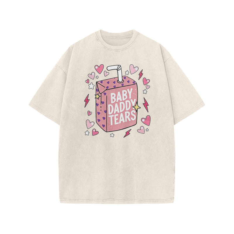 Baby Daddy Tears Print Acid Washed T-shirt - Beige - US20-22(3XL) - image 3