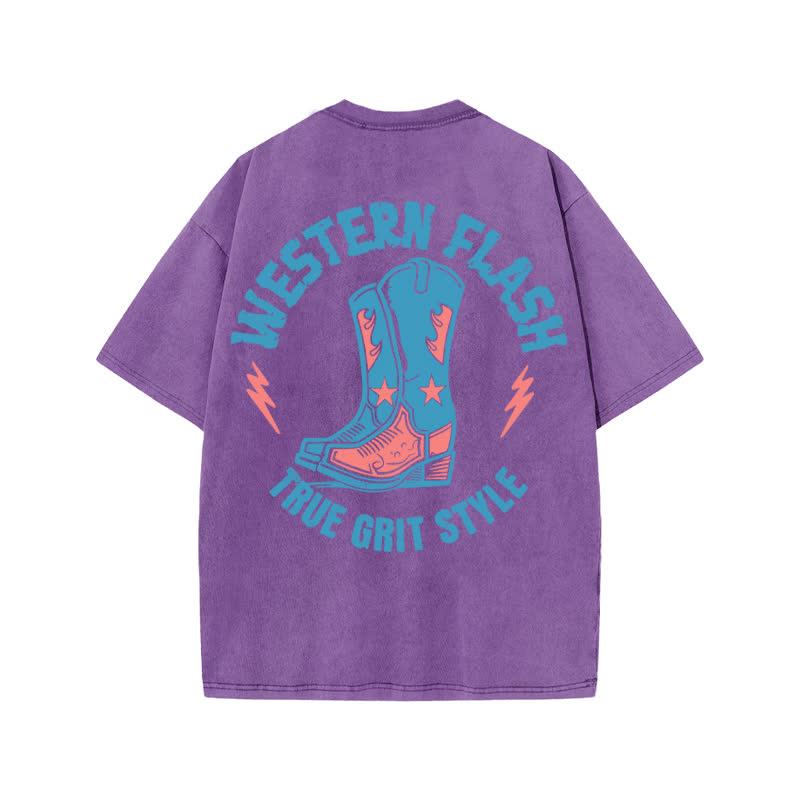 Unisex Western Flash True Grit Style Print Acid Washed T-shirt - Purple - US20-22(3XL) - image 9