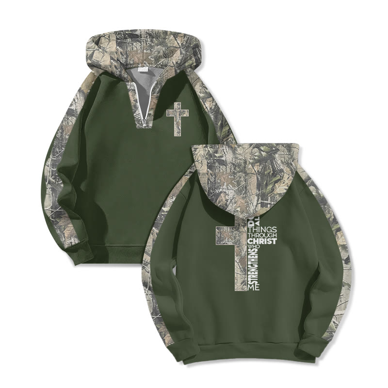 I Can Do All Things Through Christ Who Strengthens Me Dead Leaves Camouflage Print Half Zip Hoodie - Army Green - US32-34(5XL) - image 6